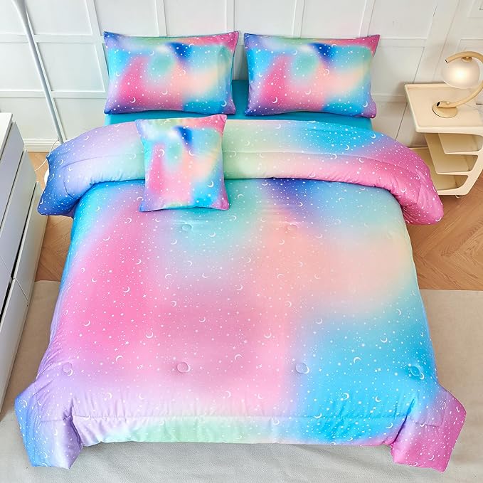 URBONUR Queen Size Comforter Set, Rainbow Stars Queen Bedding Set for Teen Girls Women, 6 Pieces Comforter, Flat Sheet, Fitted Sheet & Pillowcases - LeafyLoom