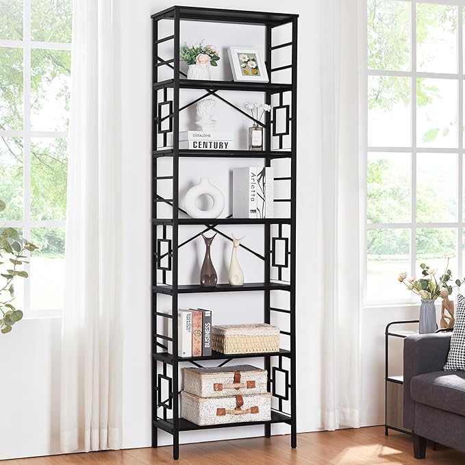 HOMISSUE Bookcase,7-Tier Tall Bookshelf Metal Bookcase and Bookshelves, Free Standing Storage Modern Bookshelf for Home Office Living Room and Bedroom，Black - LeafyLoom