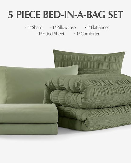CASAAGUSTO Twin XL comforter Set, 5 Pieces Olive Green Seersucker Bed in a Bag Twin XL Soft All Seasons, Twin XL Bedding Sets with Comforter, Flat Sheet, Fitted Sheet, 1 Pillow Sham, 1 Pillowcase - LeafyLoom