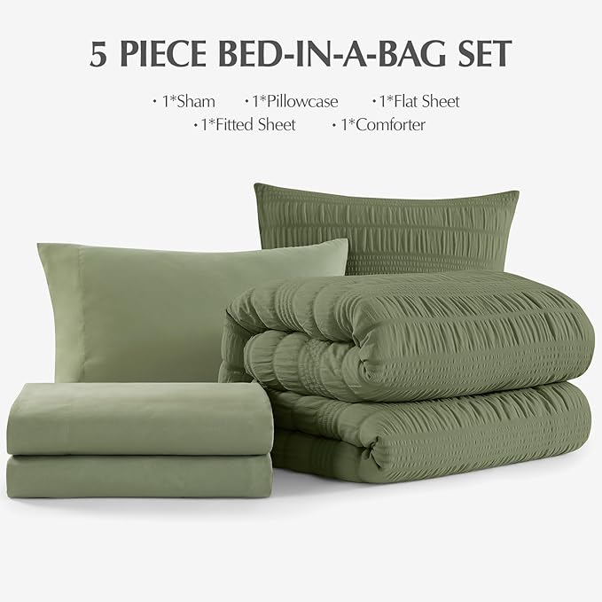 CASAAGUSTO Twin XL comforter Set, 5 Pieces Olive Green Seersucker Bed in a Bag Twin XL Soft All Seasons, Twin XL Bedding Sets with Comforter, Flat Sheet, Fitted Sheet, 1 Pillow Sham, 1 Pillowcase - LeafyLoom
