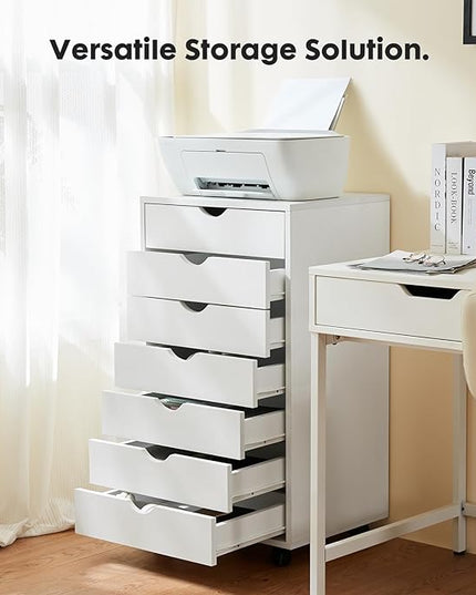 OLIXIS 7 Drawer Chest Wood File Cabinet Rolling Organization Storage Dresser with Wheels for Home Office, 15.75" D x 18.74" W x 34.25" H, White - LeafyLoom