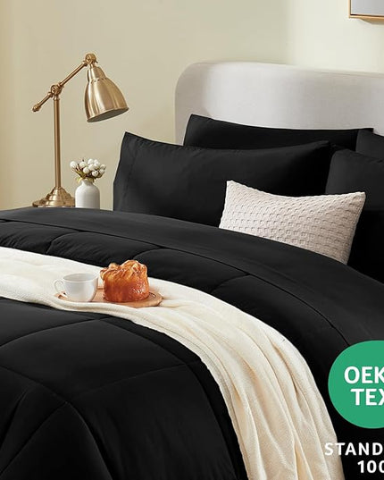 CozyLux King Size Comforter Set - 7 Pieces Bed in a Bag Set Black, King Bedding Set with All Season Quilted Comforter, Flat Sheet, Fitted Sheet, Pillowcases - LeafyLoom