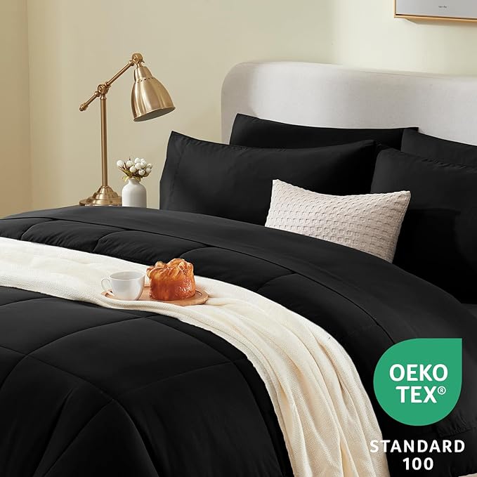 CozyLux King Size Comforter Set - 7 Pieces Bed in a Bag Set Black, King Bedding Set with All Season Quilted Comforter, Flat Sheet, Fitted Sheet, Pillowcases - LeafyLoom