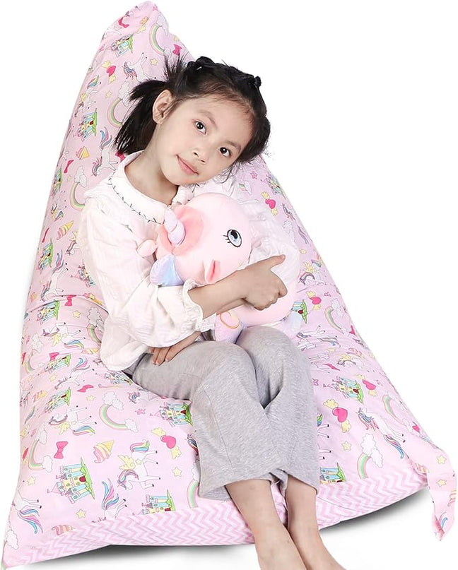 Stuffed Animal Storage Bean Bag Chair Cover, Cotton Pink Unicorn Rainbow Plush Toy Storage Stuff and Sit Seat for Kids/Teens/Adults, 52" x 31" Extra Large Triangle Sofa, 200L/52Gal, Cover Only - LeafyLoom