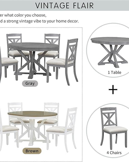 Merax Dining Set with Extendable Round Table and 4 Upholstered Chairs, Grey, 5-Piece Retro, Gray - LeafyLoom