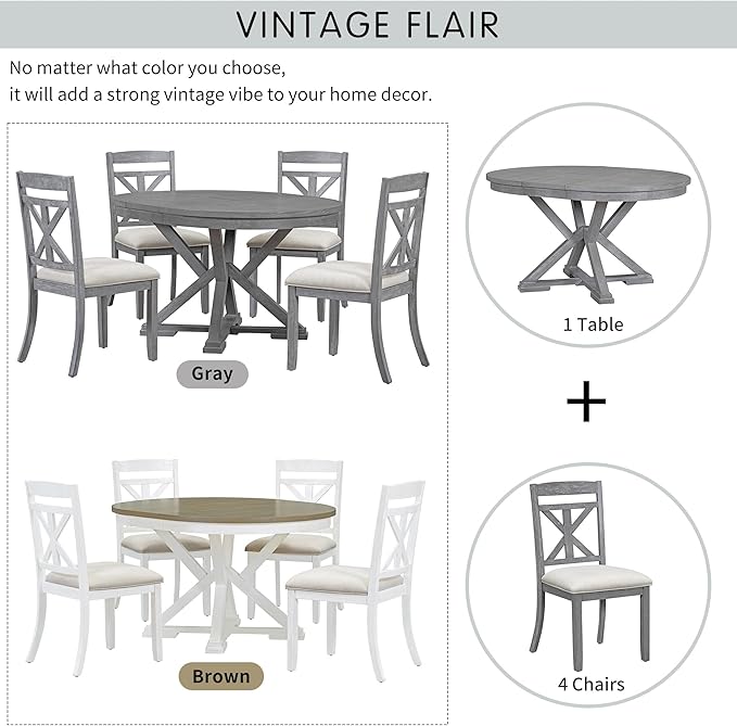 Merax Dining Set with Extendable Round Table and 4 Upholstered Chairs, Grey, 5-Piece Retro, Gray - LeafyLoom