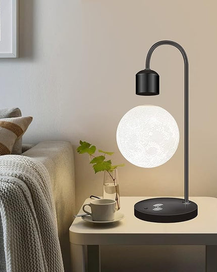 Unique Modern Levitating Moon Lamp with Built-in Qi Wireless Charger, Simplistic and Innovative Design, Warm Decorative LED Light for Home and Office (Black) - LeafyLoom
