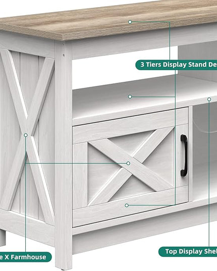 YITAHOME TV Stand for 65 Inch TV with Power Outlet, Farmhouse TV Media Console Table with Storage Cabinets and Open Shelf, Mid Century Modern Entertainment Center for Living Room, Grey White/Grey Wash - LeafyLoom