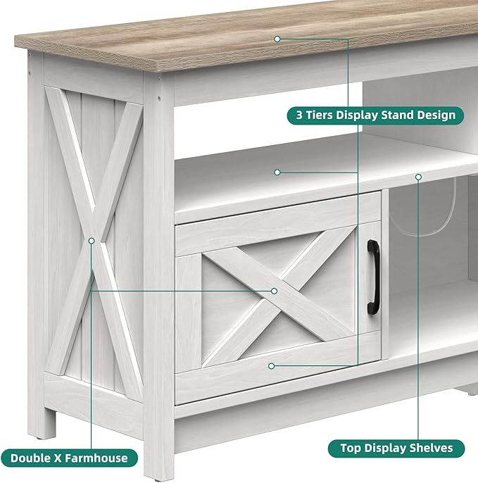 YITAHOME TV Stand for 65 Inch TV with Power Outlet, Farmhouse TV Media Console Table with Storage Cabinets and Open Shelf, Mid Century Modern Entertainment Center for Living Room, Grey White/Grey Wash - LeafyLoom