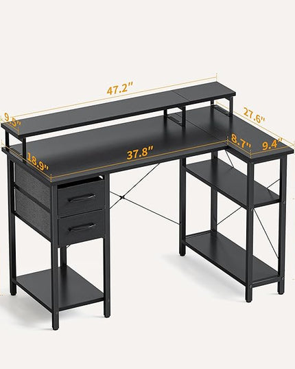 CubiCubi L Shaped Computer Desk with Monitor Stand & Shelves, 47 Inch Corner Home Office Desk Writing Table with Storage Drawer, Blck - LeafyLoom