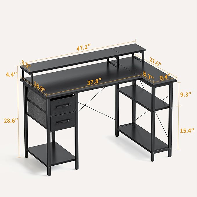 CubiCubi L Shaped Computer Desk with Monitor Stand & Shelves, 47 Inch Corner Home Office Desk Writing Table with Storage Drawer, Blck - LeafyLoom