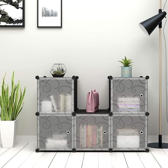C&AHOME Cube Storage Organizer with Doors, 6-Cube Shelves, Closet Cabinet, DIY Plastic Modular Bookshelf Ideal for Bedroom, Living Room, 36.6”L x 12.4”W x 36.6”H Black SHS3006B-DOOR - LeafyLoom