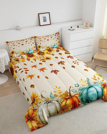 Fall Pumpkin Bedding Set For Home King Thanksgiving Harvest Season Fruit Decor Comforter Set Autumn Fall Maple Leaf Quilt Comforter for Kids Teen Adults,Rustic Farm Sunflower Bed Sets 2 Pillow Cases - LeafyLoom