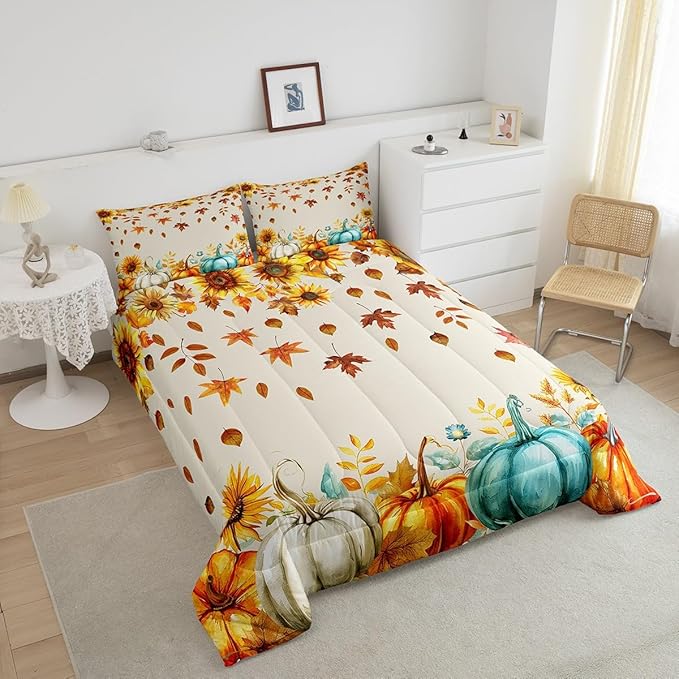 Fall Pumpkin Bedding Set For Home King Thanksgiving Harvest Season Fruit Decor Comforter Set Autumn Fall Maple Leaf Quilt Comforter for Kids Teen Adults,Rustic Farm Sunflower Bed Sets 2 Pillow Cases - LeafyLoom