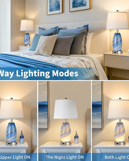 Table Lamps Set of 2, 3-Way Lighting Modes Modern Table Lamps for Bedroom, Blue Bedside Lamps with USB C+A, Glass Nightstand Lamps, 23.5" Table Lamps for Living Room Bedroom Decoration - LeafyLoom
