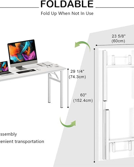 Need Home Office Desk Large Computer Desk 60 inch Sturdy Table Foldable Desk Gaming Computer Table No Assembly Required, White&White Frame AC5DW(152.4 * 60) - LeafyLoom