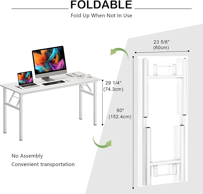 Need Home Office Desk Large Computer Desk 60 inch Sturdy Table Foldable Desk Gaming Computer Table No Assembly Required, White&White Frame AC5DW(152.4 * 60) - LeafyLoom