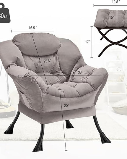 Lazy Chair with Folding Ottoman Modern Large Accent Chair,Contemporary Lounge Leisure Sofa Chair with Armrests Upholstered Sofa Armchair Reading Chair for Bedroom,Dorm & Office,Light Grey - LeafyLoom