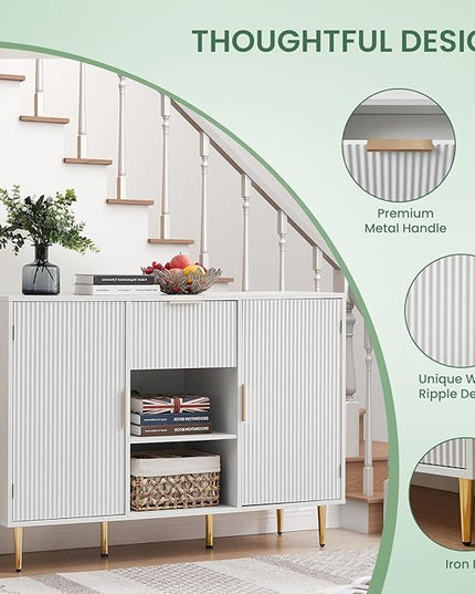 Storage Cabinet, Modern Accent Buffet Cabinet, FreeStanding Sideboard and Buffet Storage, Adjustable Shelves with 2 Doors Drawer for Bedroom, Living Room, Kitchen or Hallway,White - LeafyLoom