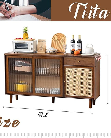 Tiita Bamboo Sideboard Buffet Cabinet, Rattan Kitchen Storage Cabinet with Drawer, Boho Coffee Bar Tables for Kitchen Living Room Hallway Office, Walnut - LeafyLoom