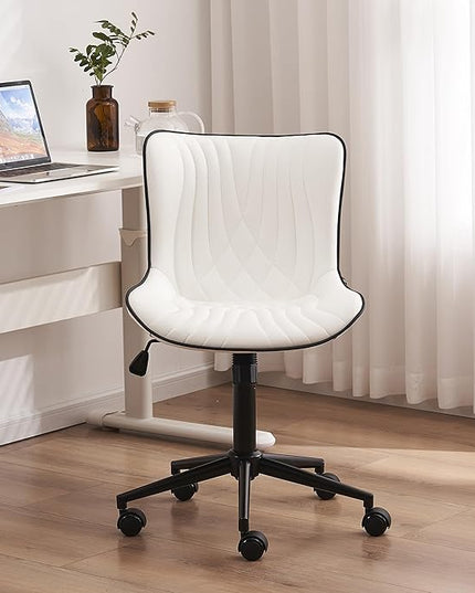 YOUTASTE Office Chair Modern Armless Desk Chair, Height Adjustable Swivel Rocking Computer Task Chair, Faux Leather Sewing Chairs with Wheels, Stylish Lounge Vanity Chair,White - LeafyLoom