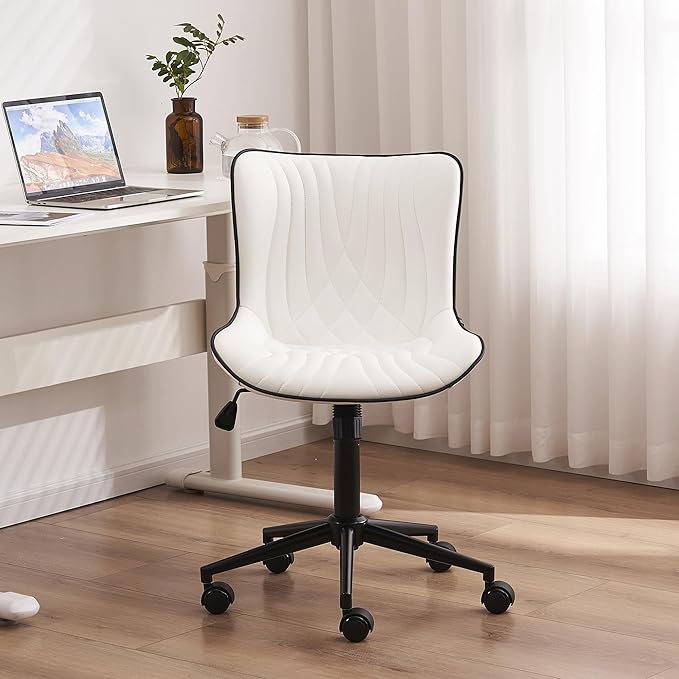 YOUTASTE Office Chair Modern Armless Desk Chair, Height Adjustable Swivel Rocking Computer Task Chair, Faux Leather Sewing Chairs with Wheels, Stylish Lounge Vanity Chair,White - LeafyLoom