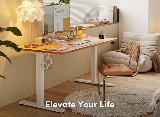 FEZIBO Electric Standing Desk, 63 x 24 Inches Height Adjustable Stand up Desk, Sit Stand Home Office Desk, Computer Desk, Light Rustic - LeafyLoom