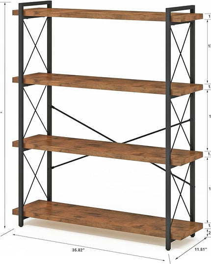 HCHQHS Bookshelf, 4-Tier Industrial Bookcase, Rustic Open Book Shelf, Freestanding Tall Bookshelves with Metal Frame - LeafyLoom