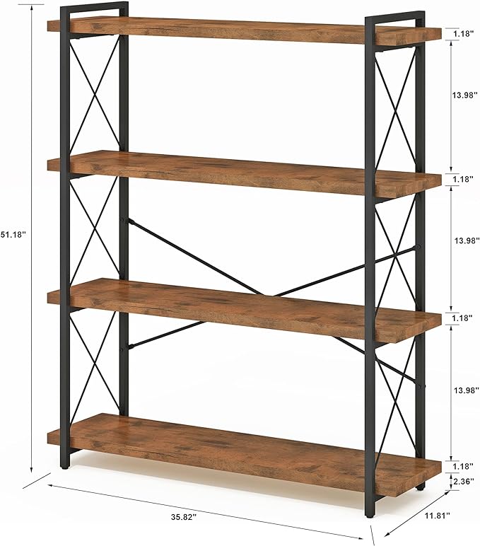 HCHQHS Bookshelf, 4-Tier Industrial Bookcase, Rustic Open Book Shelf, Freestanding Tall Bookshelves with Metal Frame - LeafyLoom