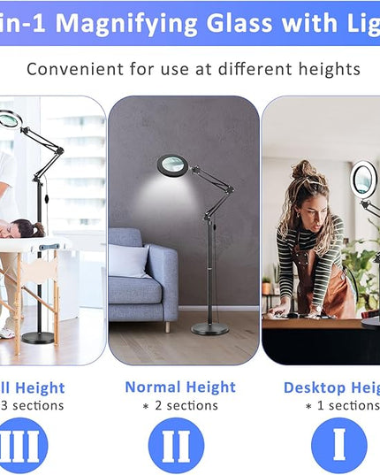 3-in-1 Large Floor Magnifying Glass with Light and Stand,10X Magnifying Glass for Reading,Adjustable 72 LED Light Stepless Dimmable,Floor Magnifier Lamp for Close Work,Sewing, Crafts - LeafyLoom
