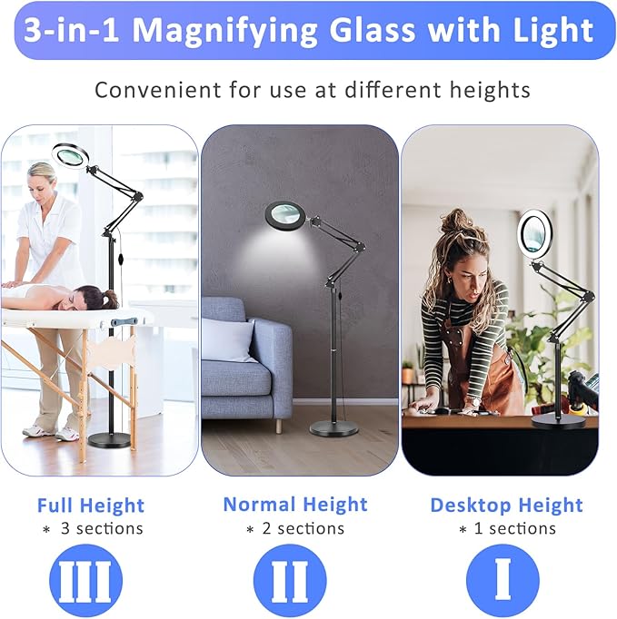 3-in-1 Large Floor Magnifying Glass with Light and Stand,10X Magnifying Glass for Reading,Adjustable 72 LED Light Stepless Dimmable,Floor Magnifier Lamp for Close Work,Sewing, Crafts - LeafyLoom