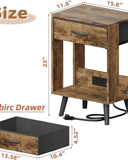Nightstand with Charging Station and Fabric Drawer, Side Table with Storage for Bedroom, Night Stand with Open Wood Shelf for Bedroom, Bedside Tables - Rustic Brown - LeafyLoom