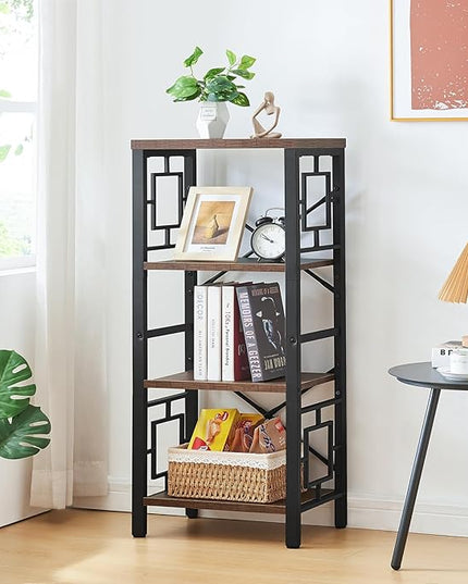 Bookshelf, Vintage Industrial 4 Tier Bookshelf, Freestanding Narrow Bookcase with Rustic Wood and Metal, Small Bookshelf for Home Office, Bedroom & Living Room, Retro Brown - LeafyLoom