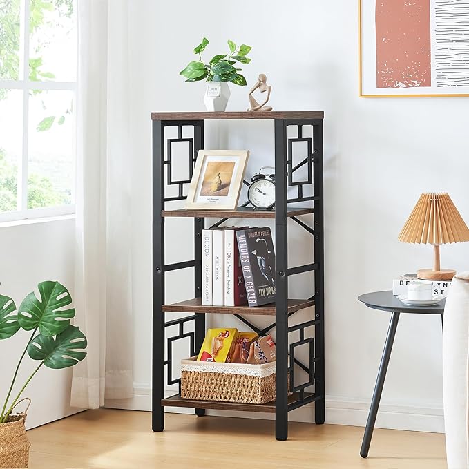 Bookshelf, Vintage Industrial 4 Tier Bookshelf, Freestanding Narrow Bookcase with Rustic Wood and Metal, Small Bookshelf for Home Office, Bedroom & Living Room, Retro Brown - LeafyLoom