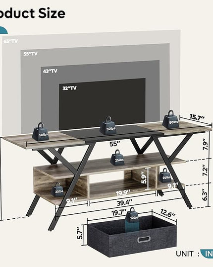 Bestier LED TV Stand for Bedroom TV Entertainment Center 55 inch for TV up to 65 in, Gaming TV Console W/Fabric Drawer Storage for Living Room with LED Lights 20 Modes, Wash Gray - LeafyLoom