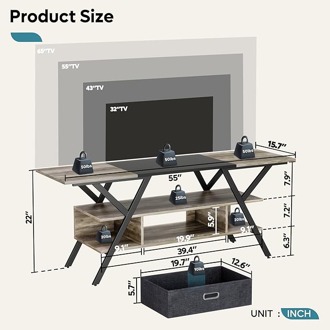 Bestier LED TV Stand for Bedroom TV Entertainment Center 55 inch for TV up to 65 in, Gaming TV Console W/Fabric Drawer Storage for Living Room with LED Lights 20 Modes, Wash Gray - LeafyLoom