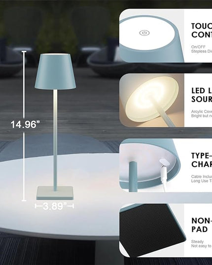 2 Packs Rechargeable LED Table Lamp,Outdoor Cordless Table Lamp Waterproof Portable, Stepless Dimmable Modern Lamp for Restaurant/Bedroom/Outdoor (Blue) - LeafyLoom
