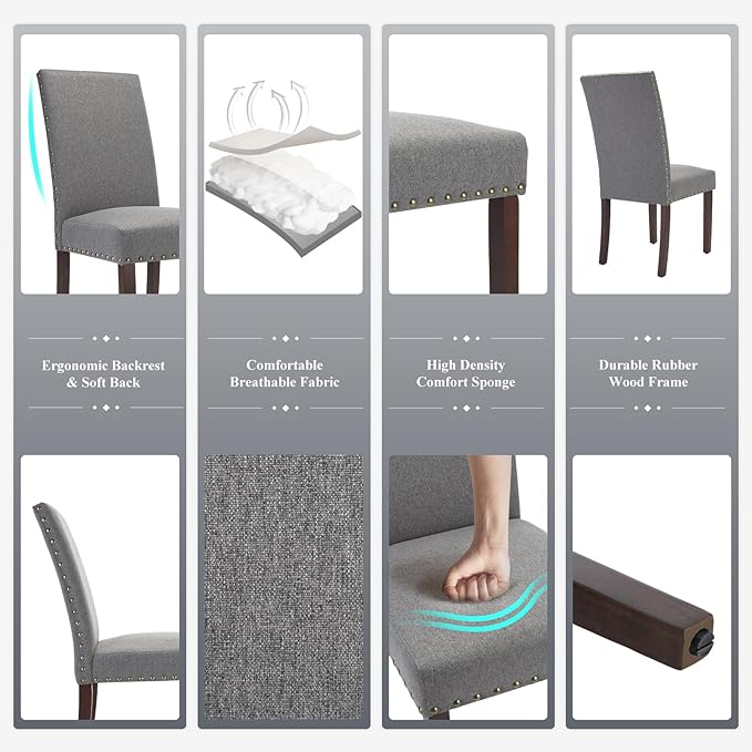 COLAMY Modern Wood Dining Chairs Set of 2, Parsons Dining Chairs, 19 Inch Padded Dining Chairs with Nailed Trim for Kitchen Dining Living Room, Grey - LeafyLoom