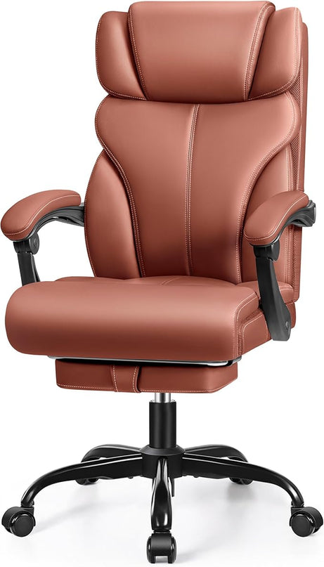 Office Chair, Executive Leather Chair Big and Tall Ergonomic Computer Desk Chair, Comfy Swivel Rolling Reclining Lumbar Support Task Chair with Adjustable High Back Foot Rest for Home Gaming - LeafyLoom
