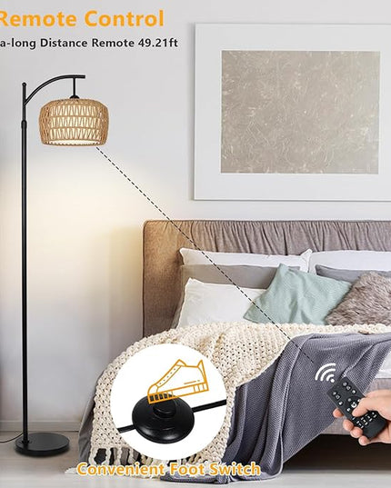 Arc Floor Lamp with Remote, Dimmable Rattan Floor Lamp with LED Bulb, Boho Farmhouse Tall Pole Lamp with Rattan & Fabric Shades, Modern Black Standing Lamps for Living Room Bedroom Nursery - LeafyLoom