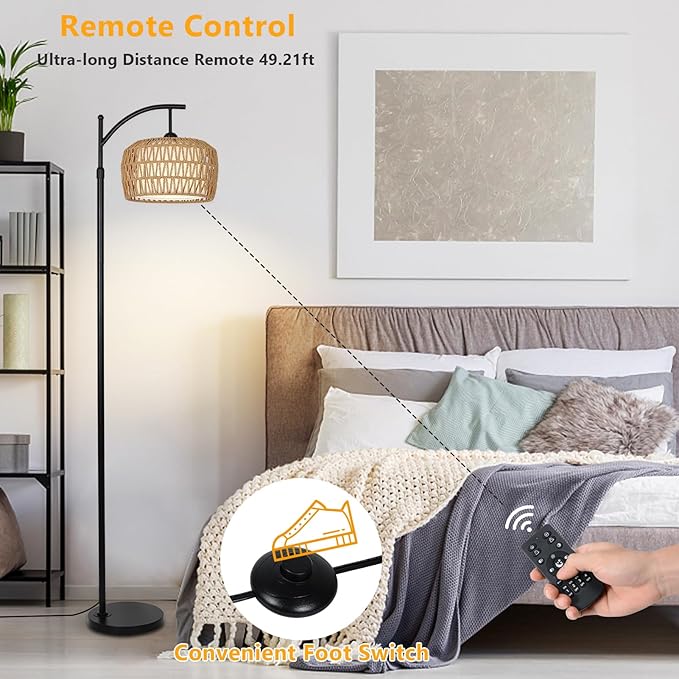 Arc Floor Lamp with Remote, Dimmable Rattan Floor Lamp with LED Bulb, Boho Farmhouse Tall Pole Lamp with Rattan & Fabric Shades, Modern Black Standing Lamps for Living Room Bedroom Nursery - LeafyLoom