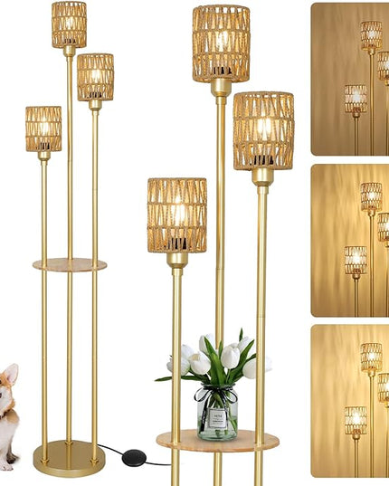 Dimmable Boho Floor Lamps for Living Room, 3-Lights Farmhouse Floor Lamp with 3-Way Foot Switch, Gold Floor Lamp with Shelves, Rustic Standing Lamp with Rattan Shades, Tall Lamps for Bedroom - LeafyLoom