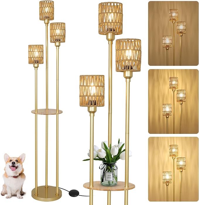 Dimmable Boho Floor Lamps for Living Room, 3-Lights Farmhouse Floor Lamp with 3-Way Foot Switch, Gold Floor Lamp with Shelves, Rustic Standing Lamp with Rattan Shades, Tall Lamps for Bedroom - LeafyLoom