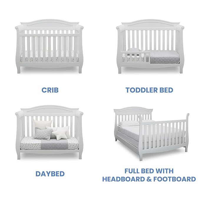 Delta Children Lancaster 4-in-1 Convertible Baby Crib, Bianca White + Serta Perfect Slumber Dual Sided Recycled Fiber Core Crib and Toddler Mattress (Bundle) - LeafyLoom