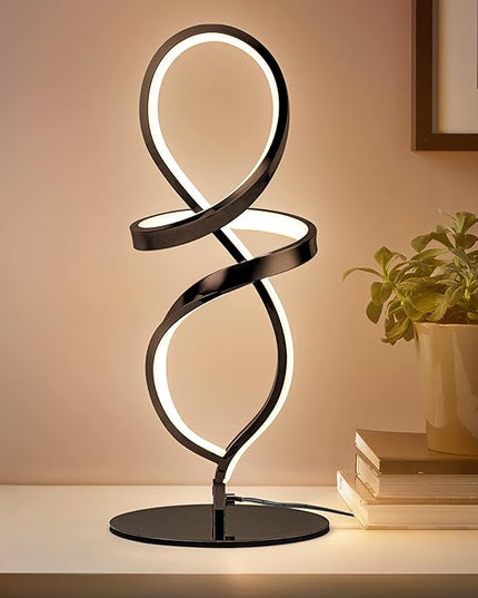 Modern Table Lamp, LED Spiral Lamp, Black Bedside Lamp with Stepless Dimming Switch, Contemporary Nightstand Lamp, LED Lamp for Bedroom Living Room Home Office, 12W, 3200K Warm White - LeafyLoom