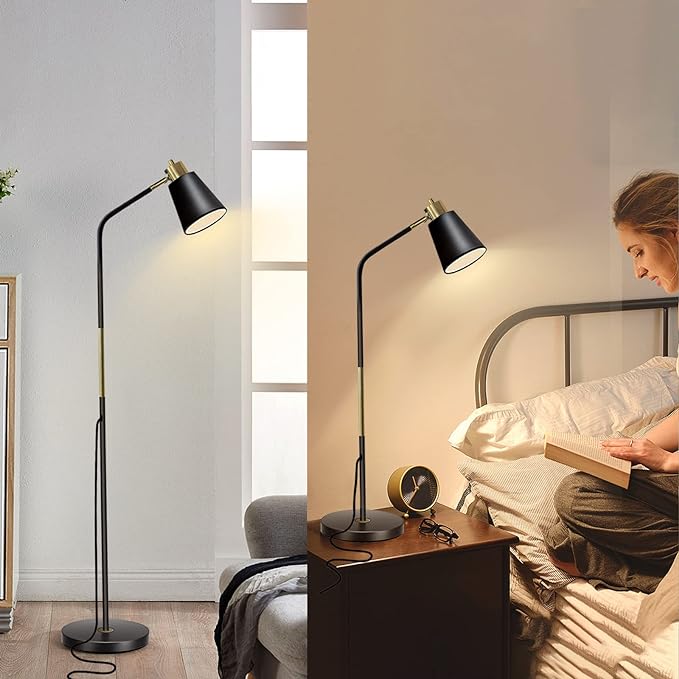 Floor Lamp, Dimmable Floor Lamps for Living Rooms & Bedrooms, Farmhouse Reading Lamp - Standing, Adjustable Metal Heads Indoor Task Lighting for Living Room Bedroom Office Home Décor (Black-01) - LeafyLoom