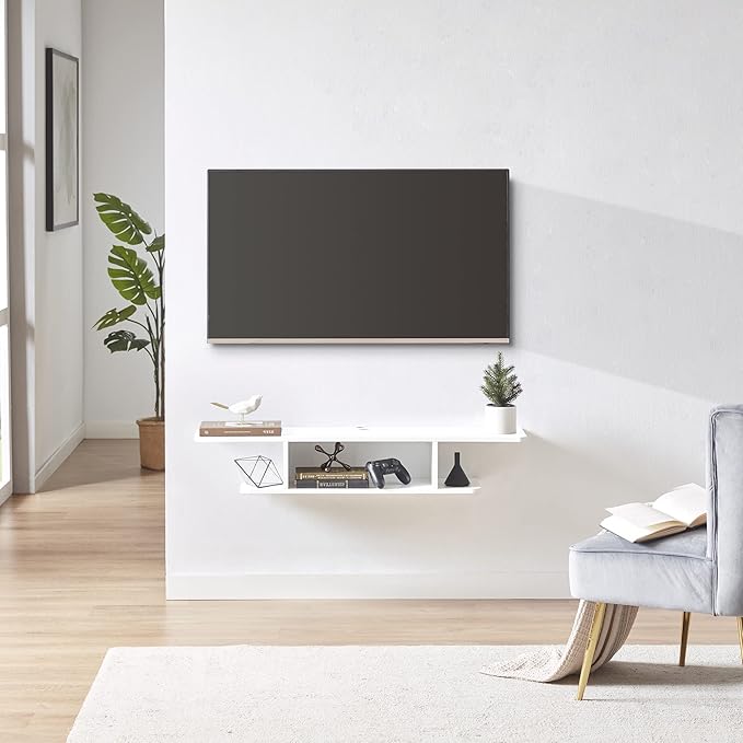 Floating TV Stand, Wall Mounted Entertainment Center and Cabinet Shelf, TV Console with Storage, Media Console for DVD Player, Space-Saving Under TV Shelf for Bedroom, Living Room (White) - LeafyLoom