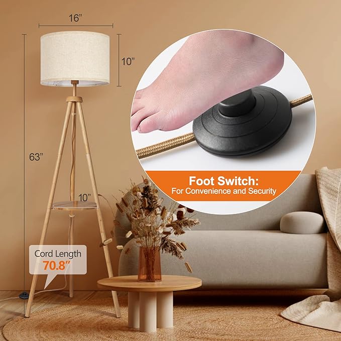 OUTON Wood Tripod Floor Lamp with Shelves, Mid Century Floor Lamp with Remote Control,4 Color Temperature, LED Modern Dimmable Standing Lamp with Beige Linen Shade for Living Room, Bedroom, Office - LeafyLoom