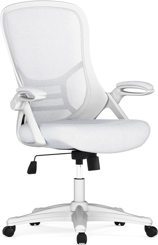 Flash Furniture Porter High-Back Swivel Office Chair with Adjustable Lumbar Support and Seat Height, Ergonomic Mesh Desk Chair with Flip-Up Armrests, White - LeafyLoom