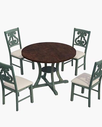5-Piece Round Wood Dining Table and 4 Chairs Set with Special-shaped Legs and an Exquisitely Designed Retro Hollow Back, 42" L x 42" W x 30" H, Antique Blue + Dark Brown 2 - LeafyLoom